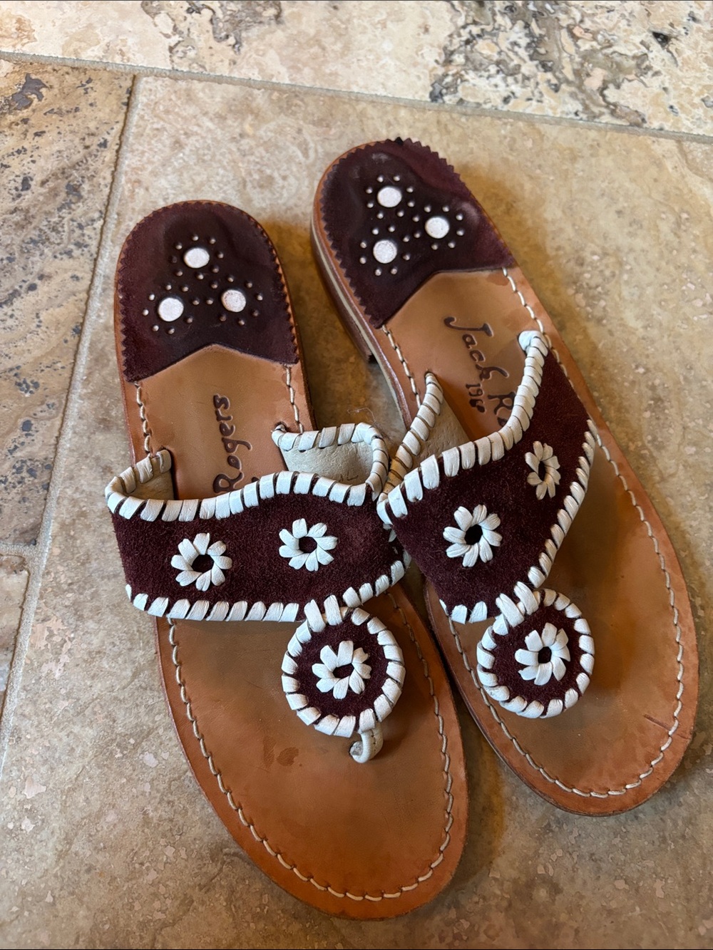 Jack Rogers Maroon Suede Floral Whipstitch Sandals with White Stitching